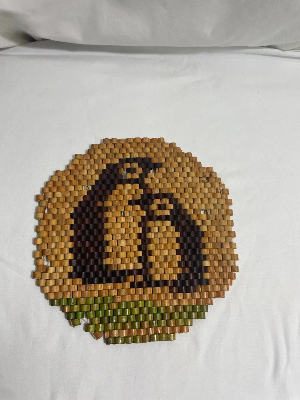 Vintage Wooden Beaded Trivet Hot Pad Pot Holder Penguin Design Round 8